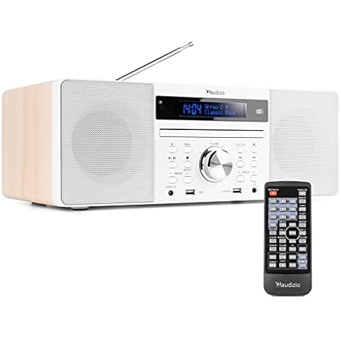 Audizio Prato White DAB Radio with Bluetooth Compact Stereo Dual Speaker System with Digital Radio, CD Player, FM, Clock, Alarm Sleep Modes, Presets, Mains Powered Cover
