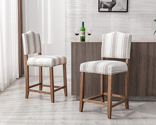CIMOTA-Counter-Height-Bar-Stools-Set-of-2-Farmhouse-Bar-Chairs-Mid-Century-Counter-Stools-Barstools-with-Back-Kitchen-Stools-with-Wood-Legs-for-IslandDining-Room-Linen-Beige-Brown-Stripe-26-Inch CIMOTA Counter Height Bar Stools Set of 2 Farmhouse Bar Chairs Mid Century Counter Stools Barstools with Back Kitchen Stools with Wood Legs for IslandDining Room Linen Beige Brown Stripe 26 Inch