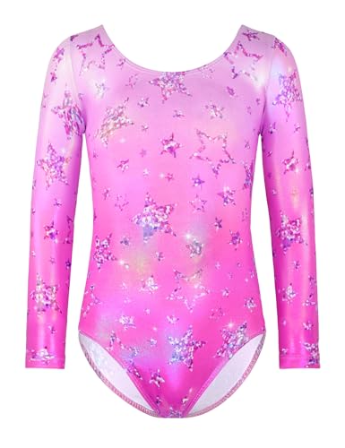 Nokecina Girls Gymnastics Leotards Long Sleeve Size 3-4t Purple Stars Stretchy Pro Gym Outfits for Dance
