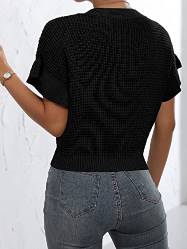 Image of Verdusa Women's Ruffled Short Sleeve Round Neck Knitted Top Pullovers Sweater