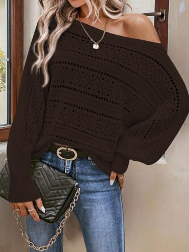 Image of Cakulo Womens Off Shoulder Sweater Top Fall Outfits Fashion 2025 Oversized Knit Batwing Long Sleeve Crochet Pullover Sweaters