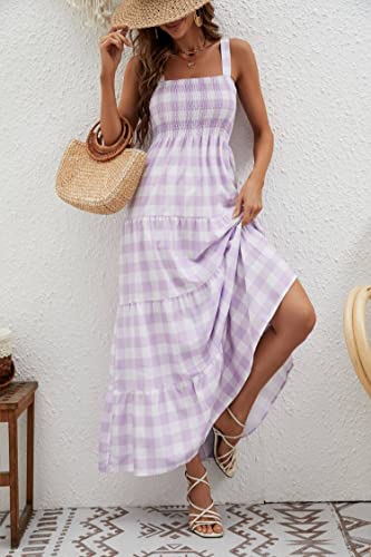 Image of kinstell Women's Summer Boho Spaghetti Strap Square Neck Ruffle Casual Flowy Long Dress Beach Swing Party Maxi Dress