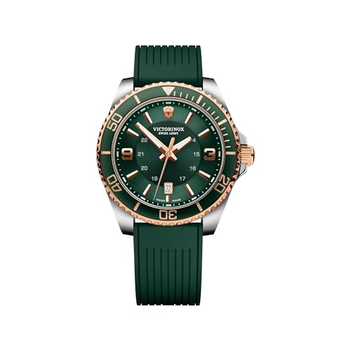 Image of Victorinox Maverick 43 mm, Silver Stainless Steel Case, Rose-Gold Stainless Steel Bezel, Green Dial, Green Rubber Strap Men's Watch, 249182