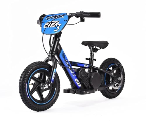 Bicicleta eléctrica para niños RIRIBIKE RTX3 24V (12'), Azul, Batería de Litio, Motor de 100W, Freno de Disco, Asiento de PU Blando Ajustable
