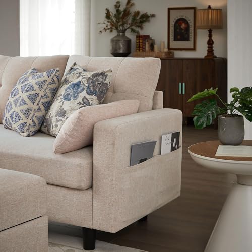 Image of 101 inch Sectional Sofa U Shaped Couch with Storage Ottomans, 4 Seater Convertible Couches for Living Room | Linen Fabric | 2 Movable Ottoman Reversible Chaises | Sectional Couch Set, Beige