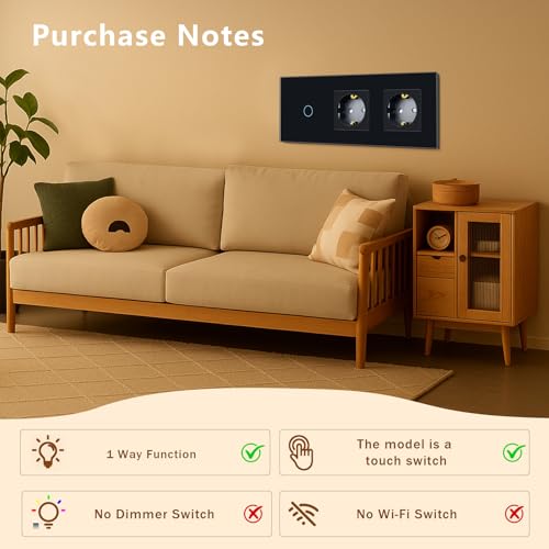 TAWOIA Normaler Lichtschalter mit Steckdose,EU Standard 2 Fach Steckdose 1 Fach 1 Wege Unterputz Lichtschalter Glasscheibe Berührungs Lichtschalter 86 * 228mm Schwarz