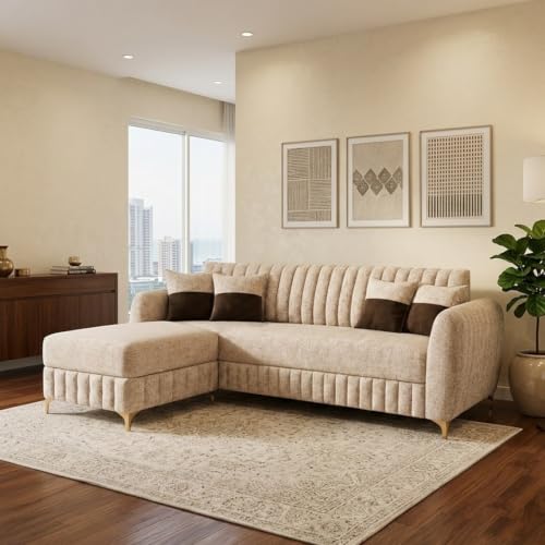 Image of CASASTYLE Signature Velour 4-Seater L-Shape Sofa Set with Movable Ottoman | Flexible LHS /RHS Layout | Boucle Weave Fabric | 40D Foam + Zigzag Spring | 3-Yr Warranty (Sandstone Beige)