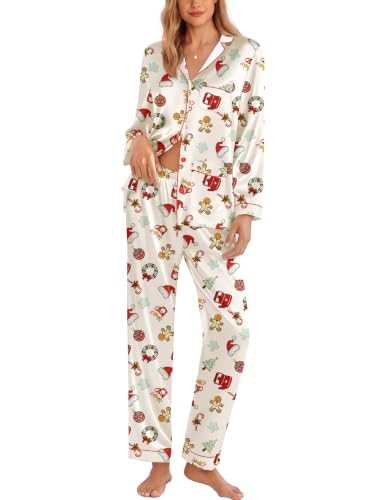 Image of Ekouaer Pajamas for Women Silk Satin Button Down Long Sleeve Pajama Sets