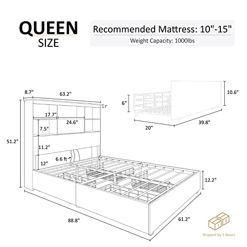 Amerlife Queen Size Bed Frame Wooden Platform Bed With 51.2'' Storage Bookcase Headboard, 4 Storage Drawers & Charging Station/No Box Spring Needed/Noise Free/Rustic Grey Wbf-002 #TOP1
