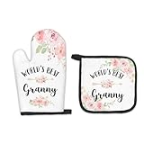 FIicy Granny Gifts Oven Mitts and Pot Holders Sets, Gifts for Granny from Grandkids Kitchen Decor Accessories Sets, World’s Best Granny Heat Resistant Oven Glove Potholders for Kitchen Cooking