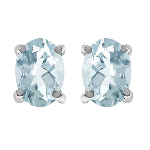 Silvershake 1.32Ct. 7X5Mm Genuine Oval Shape Blue Aquamarine White Gold Plated 925 Sterling Silver Stud Earrings #TOP2