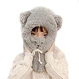 Cute Bear Plush Hat Scarf and Face Cover 3 in 1 Hooded Scarf Fashion Winter Warm Accessory for Girls and Boys Aged 3-7 Years Grey