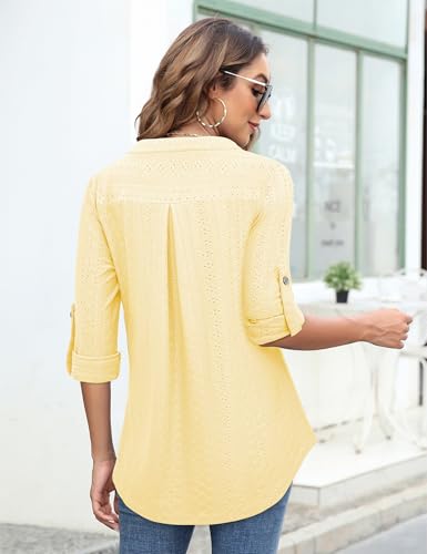 Image of Bulotus 3 /4 Length Sleeve Womens Striped Tops Zipper V Neck Collared Blouses Business Casual Tunics 2026 Spring Trendy