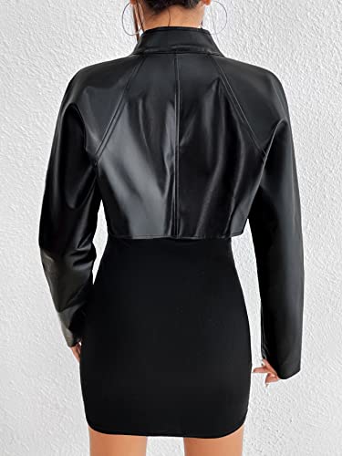 Verdusa Women's Cut Out Asymmetrical Mock Neck Pu Leather Crop Jacket Shrug Black S #TOP1
