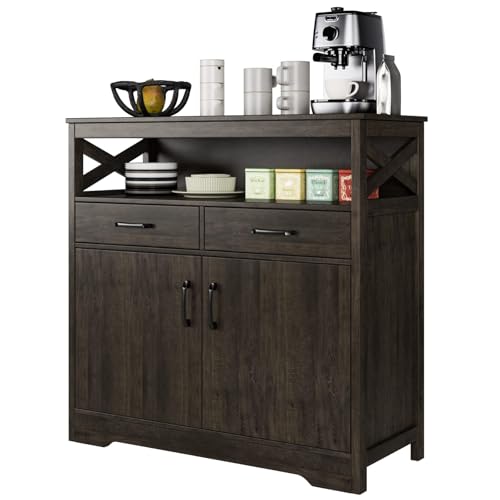 HOSTACK Modern Farmhouse Buffet Sideboard, Kitchen Storage Cabinet with Shelves and Doors, Wood Buffet Cabinet with Drawers, Coffee Bar, Floor Cabinets Cupboard for Living Room, Dark Brown