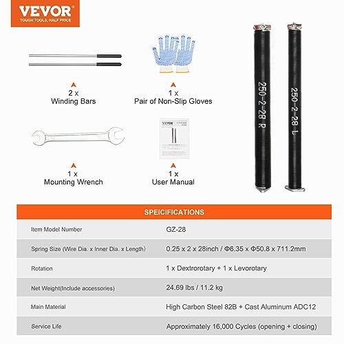 VEVOR Garage Door Torsion Springs, Pair of 0.25 x 2 x 28inch, 16000 Cycles, Garage Door Springs with Non-Slip Winding Bars, Gloves and Mounting Wrench, Electrophoresis Coated for Replacement by VEVOR - Image 7