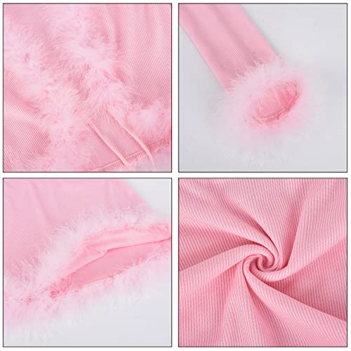 Image of Women Sexy 2 Piece Outfits Rave Tie-up Feather Trim Fur Long Sleeve Cardigan Deep V Blouse