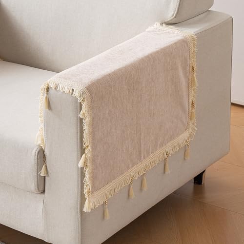 Image of HOKIPO 'Serenity Tassel' Chenille Sofa Arm Cover with Tassels - 1 Pair | Ivory Fringe (IN-893-BGE*2)