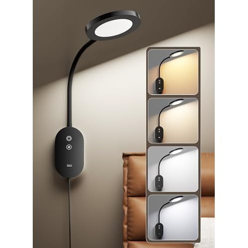Wall Mounted Reading Light, Book Light for Wall Bed Lamp with 10W USB Output Fast, 4 Hour Auto Off，Eye Caring Reading Lamps with CRI 95 Infinite Dimmable 360° Gooseneck Headboard Light Black