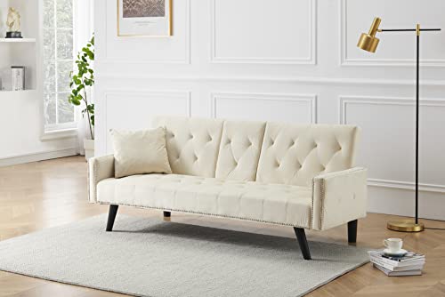 Fulife 5 Modern Futon Sofa Loveseat Convertible Sleeper Couch Bed Daybed, Folding Recliner With 2 Cup Holders, Removable Soft Pillow-Top Armrest For Living Room Apartment Small Place, Light Beige #TOP1