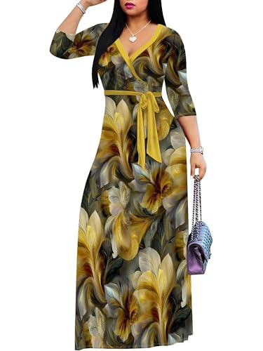 Image of PinkPatty Women's Long Sleeve Maxi Dress Plus Size Trendy Wedding Guest Wrap Dress with Pockets&Belt
