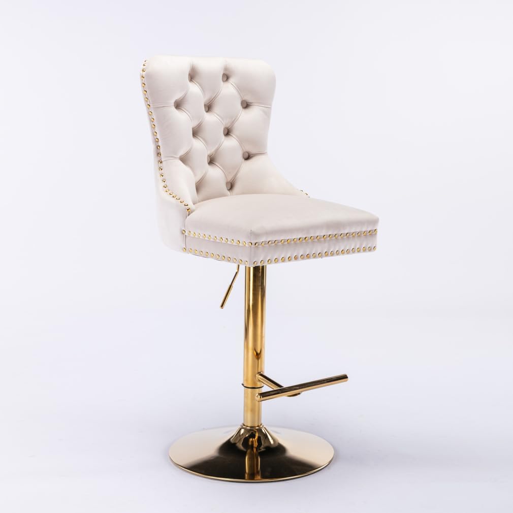 Swivel Bar Stools Set of 2, Velvet Upholstered Barstools Adjusatble Seat Height from 27-35 Inch, Bar Stools with Backrest for Home Pub and Kitchen Island, Beige+Gold