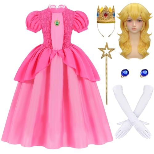 Anjite Girls Pink Princess Costume Dress Royal Ball Gown with Crown Wig Earrings Gloves Kids Fairytale Princess Dress Up Set for Halloween Parties AJ065S