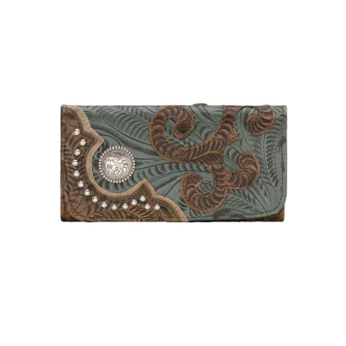 American West Women's Leather Tri-fold Wallet Brown/turquoise