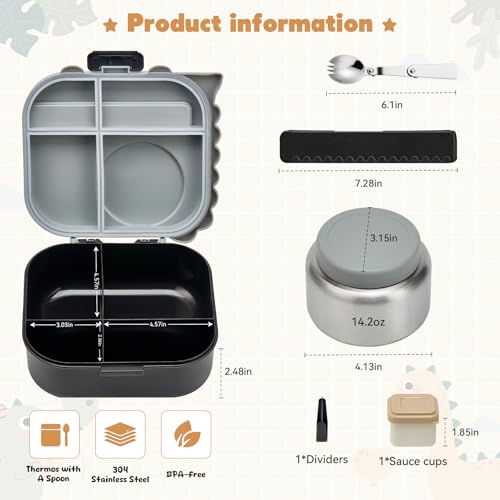 Image of Pawtong Bento Lunch Box with Thermo, 4-Compartment Bento Box with Adjustable Dividers, Leakproof Dinosaur Lunch Box with 14.2OZ Insulated Food Jar & Sauce Jar, for School Office Travel(Grey)