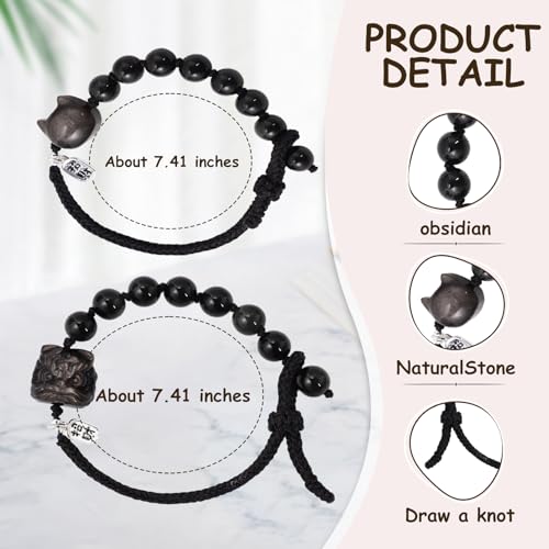 Image of 2pcs Black Obsidian Couples Bracelets with Wealth-Attracting Cat and Pixiu Design - Energy Purification, Good Luck Gift for Anniversary - Unisex Matching Bracelets for Couples -Lucky Cat