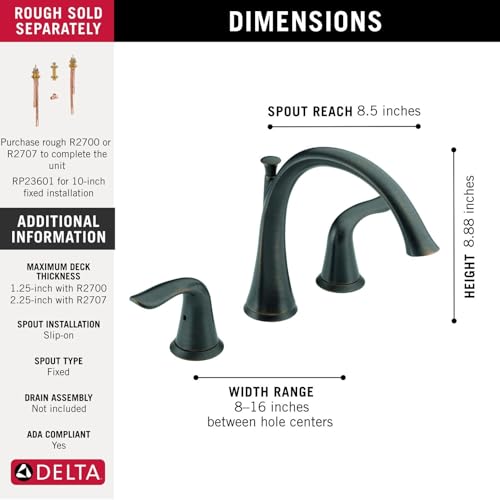 Delta Faucet Lahara Roman Tub Trim - Deck Mount Tub Faucet - Bath Trim Kit with Rigid Spout - 2-Handle Bathtub Fixture - Venetian Bronze, T2738-RB (Rough Sold Separately) - image 4