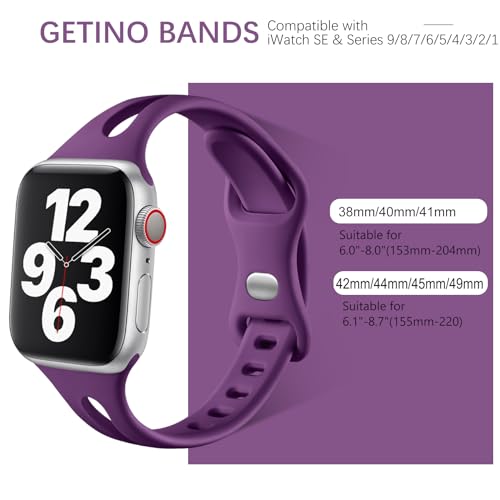 Image of Getino Compatible for Apple Watch Band 42mm 44mm 45mm 46mm 49mm iWatch SE Ultra Series 11 10 9 8 7 6 5 4 3 2 1 Women Men, Stylish Soft Silicone Slim Sport iWatch Bands, Black /Purple /Pink Sand /Wine Red