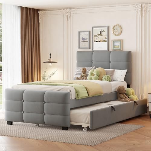 Crlnaup Cama tapizada de 90 x 190 cm con cama nido, cama individual plana en tela de terciopelo agradable a la piel (gris)