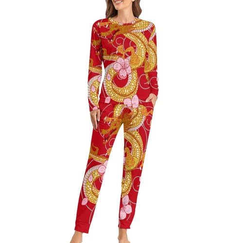 Pyjama femme fleur de dragon jaune ensemble contre le froid nocturne avec manches longues et pantalon