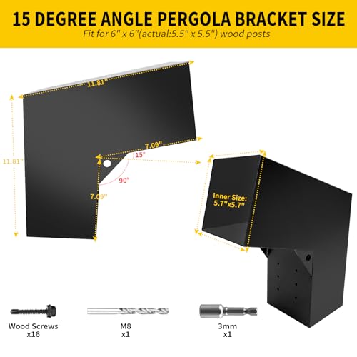 Image of 2-Way 15 Degree Angled Pergola Roof Brackets,L-Shaped Slant Post Brackets for 6 inch x 6 inch (Actual:5.5 inchx5.5 inch) Lumber,Heavy Duty DIY Wood Post Bracket for Pavilion,Porch,Deck with Screw(1pcs)