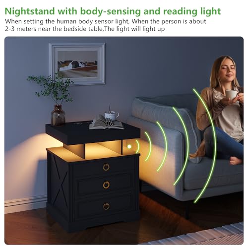 Image of HNEBC Night Stand Set 2 with Gun Drawers, Farmhouse Nightstand with Charging Station, Smart End Table with 3 Colors Auto Lights, Bedside tabel with Hidden Compartment,Bedroom Set (2-Black)