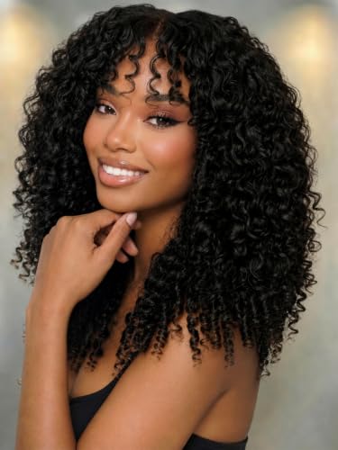 Image of KLAIYI Burmese Curly Bang Precut 7x5 Lace Wig Human Hair Finger Ends 18Inch | Bye Bye Slip Kinky Curly Glueless Lace Front Wig Drawstring Pre Plucked Bleached Knots 30S Ready to Wear and Go Beginner Wig