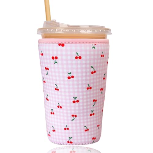 Image of Reusable Insulated Sleeve for Iced Coffee Cup, Coffee Neoprene Sleeve for Cold & Hot Drinks, Beverage Holder for Iced Coffee (Pink Cherry, Large: 32oz)