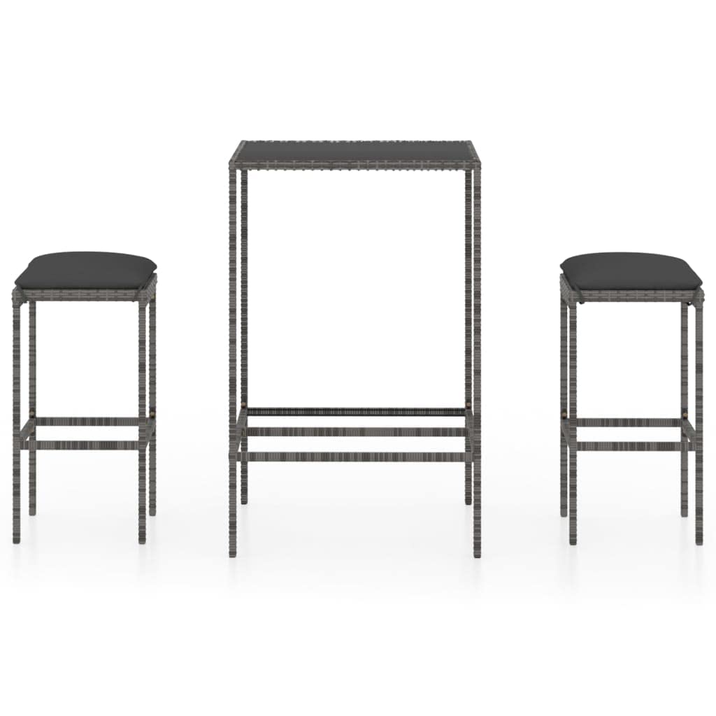 3-TLG. Juego de bar de jardín con cojines, polirratán gris, 70 x 70 x 110 cm, mesa alta, muebles de exterior para balcón, terraza