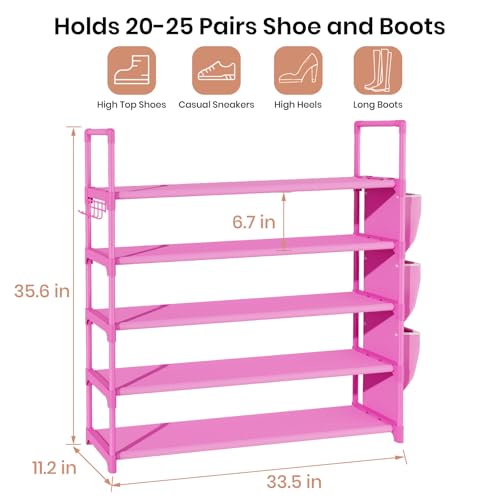 Image of VILICK Shoe Rack for Closet Shoe Organizer Space Saver Storage for 20-25 Pair Shoe Shelf with Hook and Side Pocket Free Standing 5 Tier Shoe Rack Organizer for Entryway,Small Spaces, Pink