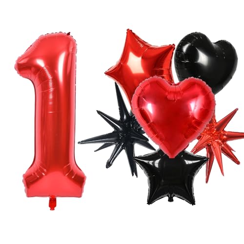 Image of TONIFUL 1st Birthday Balloons Kit 40 Inch Red Large Number 1 Foil Balloon | with 18Inch Helium Mylar Heart Star Balloons for Kids Women Men Birthday Anniversary Graduation New Year Eve Party Decoration