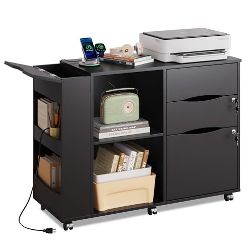 DEVAISE File Cabinet with Lock, 3 Drawer Rolling Mobile Lateral Filing Cabinets with Charging Station Printer Stand with Open Storage Shelves Fits A4 or Letter Size for Home Office Black