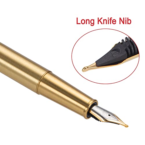 Image of Hongdian 1861 Brass Fountain Pen Long Blade Nib, Classic Design Smooth Writing Pen with Converter and Metal Pen Case Set