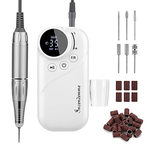 Ponceuse pour Ongles, Incendemme Électrique 35000 RPM Rechargeable USB avec Écran LED Kit Lime à Ongle Professionnelle 6 Embouts Ponçage & 26 Bandes Abrasives Manucure Pédicure Silencieux Salon Maison
