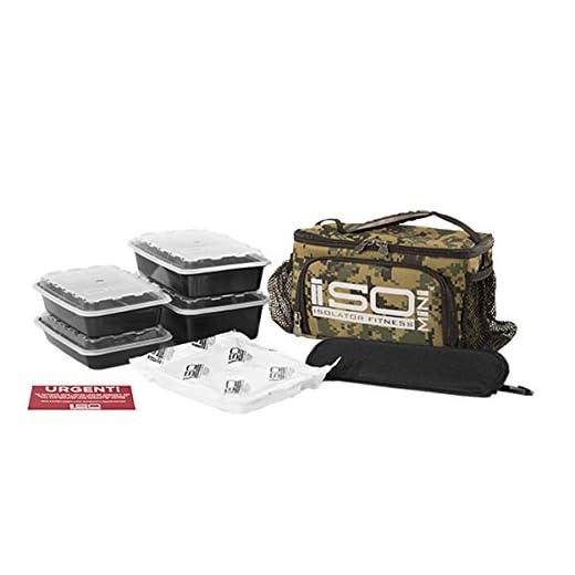 Small Meal Prep Lunch Bag ISOMINI 2 Meal Insulated Lunch Bag Cooler with 4 Stackable/Reusable Meal Prep Containers, 1 Ice Pack ISOBRICK, and 1 Shoulder Strap - Made in USA (Marine Woodland)