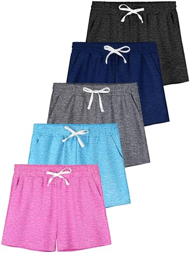 QWE 5 Pack Girls Shorts Athletic Soccer Running Performance Active Dry-Fit Sports Basketball Shorts with Drawstring Pocket
