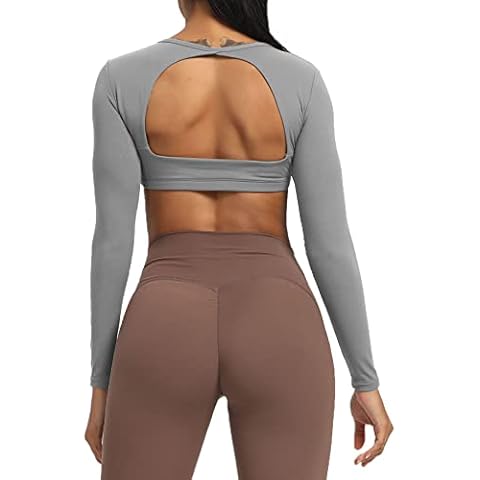 Aoxjox Long Sleeve Crop Tops for Women Clarissa Backless Workout Crop T Shirt Top, Grey, XL Cover