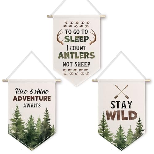 Image of ChissNook Woodland Nursery Canvas Banner Set of 3, Adventure Hunting Nursery Hanging Pennant Banner Flags Wall Display, Woodland Forest Wall Decor for Kids Boys Room Bedroom Playroom