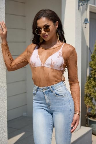 YAMILI Lace Tops for Women Mesh Long Sleeve Top Crew Neck Sheer Blouse Sexy See Through Layering Shirts Outfits Coffee - image 3