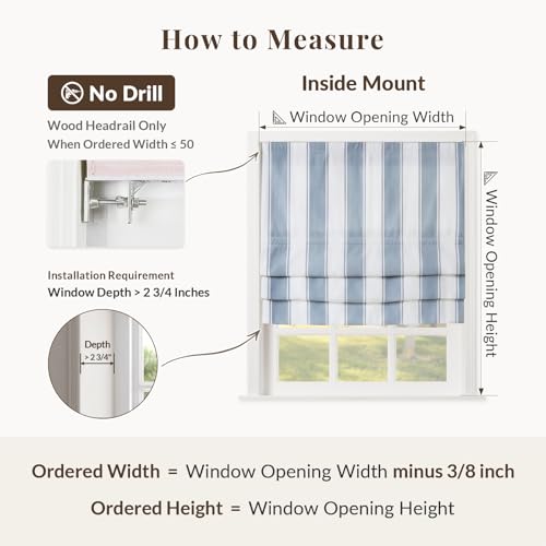 Image of TWOPAGES No Drill Wide Stripe Roman Shades Cordless Roman Blinds for Windows, Custom Made Light Filtering Blackout Blinds Farmhouse Shades for Kitchen, Blue Bordered Wide Bar, 1 Piece